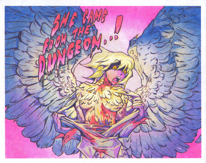 She Came from the DUNGEON!, printed with fl pink, blue, and yellow